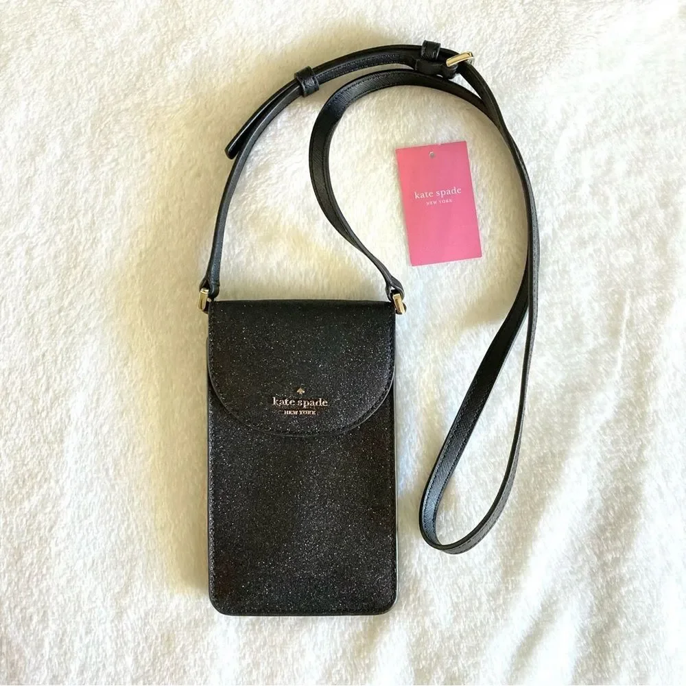 NWT Kate Spade Joeley North South Crossbody Black Glitter Mini Phone